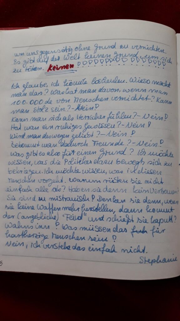 Seite in einem Notizbuch, Handschrift